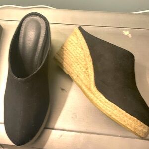 Black suede mules. Heel 3 1/2 inches.